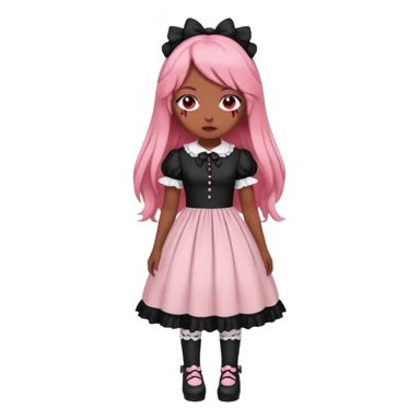 Vestido rosa pastel y negro gothic lolita, cuerpo completo, color de piel morena, pelo largo, pelo de color rojo y negro sticker