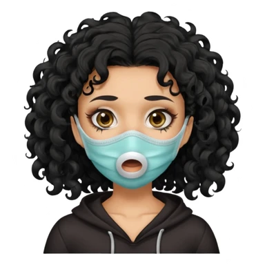 a pretty tan bratz girl with black curly hair. no makeup, looking sick, wearing a mask, coughing. sunken face sticker