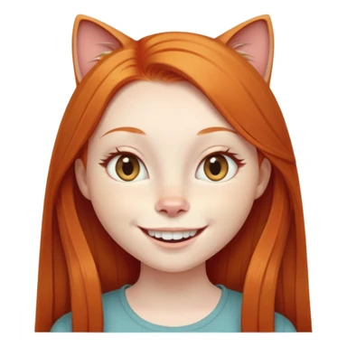traditional emoji of young girl with very pale skin, long straight bright ginger red hair, cat-like almond-shaped eyes that are angled upward, wide flat nose, big smile with very large prominent teeth showing, classic round face sticker