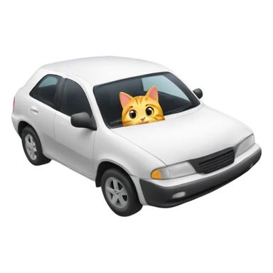 A cartoon emoji-style car with a curious cat peeking out from the open hood of the engine compartment. sticker