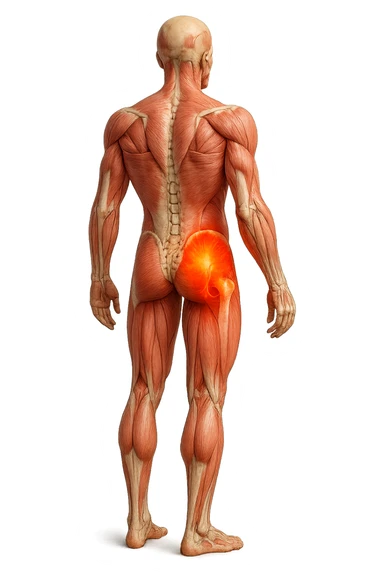 CORPO UMANO ANATOMICO A FIGURA INTERA REALISTICO DI SPALLE CON DOLORE ALLA LOMBARE INFIAMMATA, DOLORE ALL'ANCA, IPERREALISTICO 4K sticker