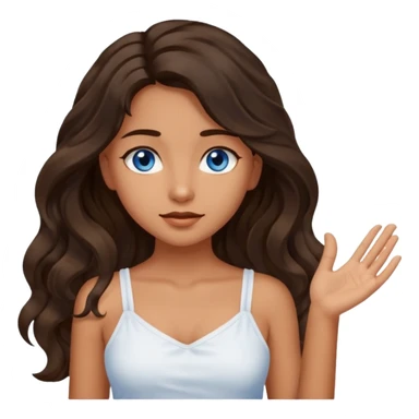 Girl with olive skin, blue eyes, brown dark insanely wavy long hair, white camisole, left hand palm flat sticker