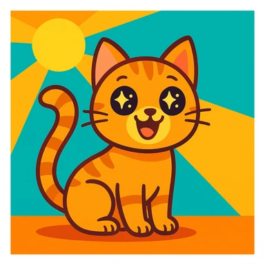 cute cartoon-style cat sitting with big sparkling eyes, wide smile, tail up and curling in joy, sunny background, bright colors, vector style sticker