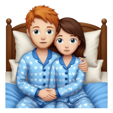 Ginger boy hugging girl with very dark brown hair. Both have blue eyes. They are in bed.  sticker