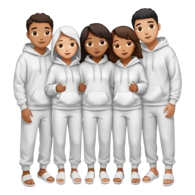 four mixed race friends all wearing white oversized hoodies, white sweatpants, and white slides huddled together hugging sticker