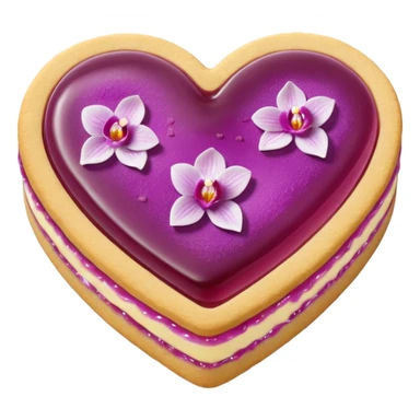Realistic shortbread cookie in the shape of a heart with orchid color jelly middle filling and sprinkled powder sugar on top. sticker