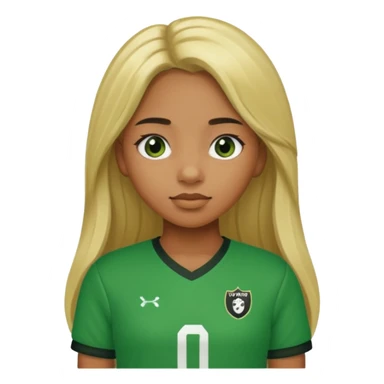 A caramel brown girl with black eyes and long blond hair with a green football shirt sticker