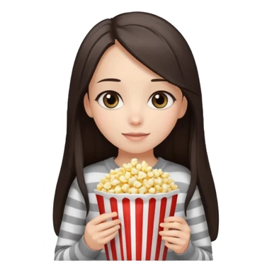 girl with dark brown straight long hair, striped light sweater, gray eyes, holding popcorn in her hands sticker