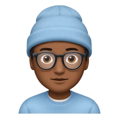 A person emoji with medium-dark skin, wearing a light blue beanie and black-framed glasses, with brown eyes, dark eyebrows, a small nose, and a subtle smile on a clean-shaven face. sticker
