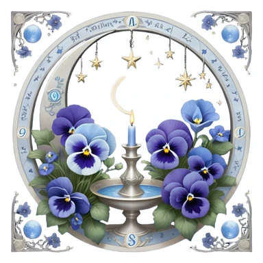 A dreamlike composition where deep and light blue pansies bloom in harmony, forming a celestial garden bathed in moonlight. A silver crescent moon dominates the sky, adorned with astrological sigils that softly pulse with energy. Suspended in the background are glowing planetary alignments, connected by delicate silver threads forming an intricate star chart. A round, pearl-colored candle, resting on an open book of cosmic wisdom, flickers with an otherworldly flame, casting symbols of the zodiac in its soft glow. Wisps of blue mist swirl around, revealing glimpses of lunar eclipses and distant galaxies, creating a scene filled with mysticism and cosmic wonder. sticker