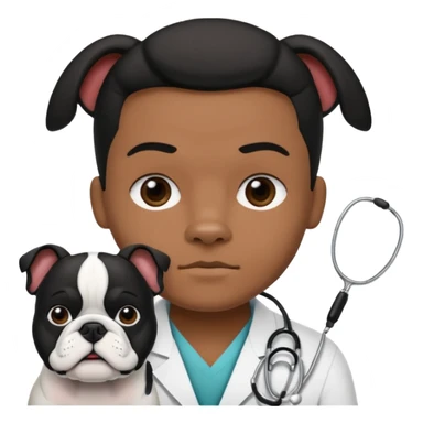 joven médico con el pelo un poco largo pero no tanto y lacio, que tenga un estetoscopio de color de piel tez negra calida !!! que sostiene un bulldog francés blanco y negro  sticker