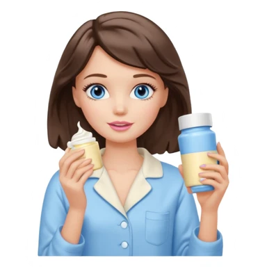 Barbie girl with makeup, blue eyes , and bob long haircut wavy, short brown hair in creamy color pajamas, face cream in hand sticker