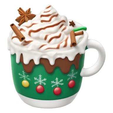 Decorated Christmas mug of hot chocolate with whipped cream and cinnamon sticker