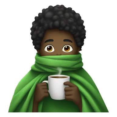 black hair boy wrapped in green blanket drinking coffee sticker