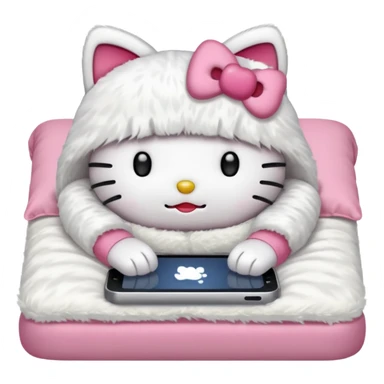 hello kitty without a mouth tucked into bed and using her phone sticker