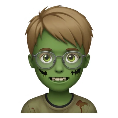 boy zombie with light brown emo hair and green skin and glasses and corner smile sticker