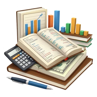 Icon for Business Reading: an open book with graphs, numbers, percentages, formulas, and text on the pages, next to a stack of books, a pile of dollars, a calculator, and a pen. The icon should represent the analytical and strategic nature of business literature. Transparent background. sticker
