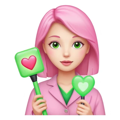 A lovely woman in pink with a square green light stick and with heart sticker