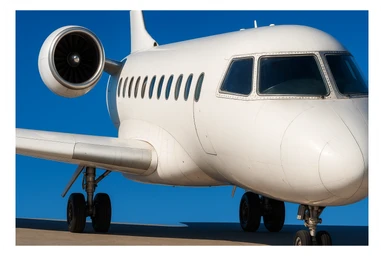Recreate a realistic, detailed image of a white private jet airplane on the ground, with a clear blue sky background, matching the style and composition of the reference image. The style should be realistic and detailed as in the reference. sticker