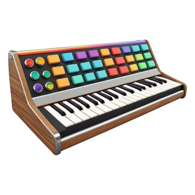 3D render of Synthesizer, vintage 1980s audio equipment aesthetic, tactile analog buttons, black matte keys with colorful rainbow slider knobs, mixed wood grain and brushed aluminum textures, Apple emoji style, isolated on white background --v 6.0 sticker