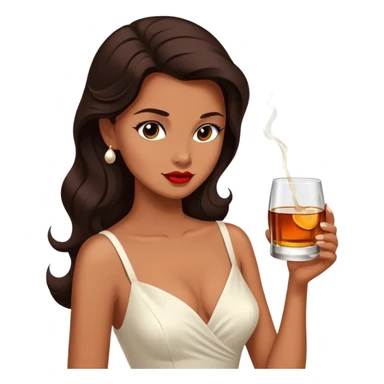 Beautiful woman in 1950’s woman fashion look, white dress, long dark brown hair, whisky sticker