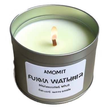 realistic, lit matcha scented candle, silver tin, small plain white label with black text sticker