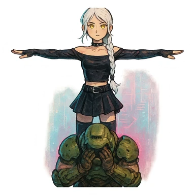  young woman with gold yellow eyes, white hair, long braid, black off-shoulder top, punk gothic style, futuristic cyberwave cyberpunk,, she is calmly t-posing above a cowering doomguy sticker