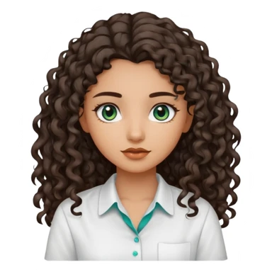 Girl with olive skin, teal eyes, dark brown  loose curly long hair, pretty white shirt sticker