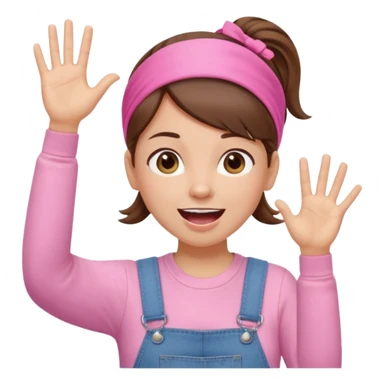 preschool teacher with brown hair pulled up in high ponytail and light pink headband. Has a pink t-shirt with denim overalls. Expression is happy and friendly with mouth wide open. Has one hand up waving hello. sticker