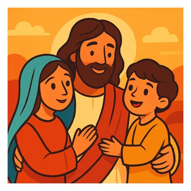 Jesus and his family, gentle cartoon style, warm colors, soft features sticker