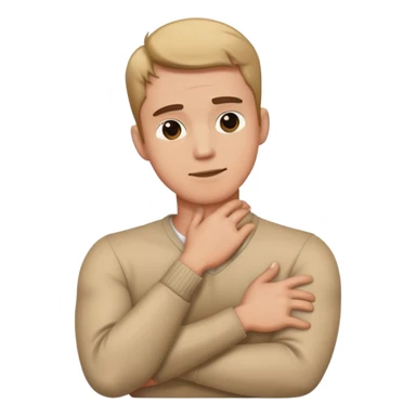 Guy with arm crossed holding neck sticker