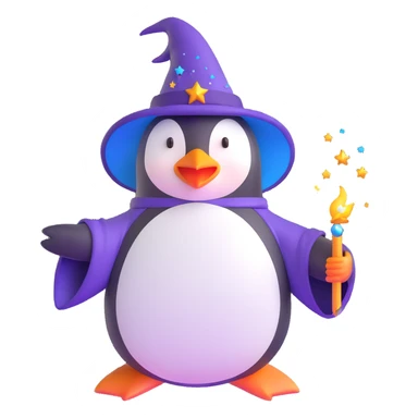 penguin wizard casting a spell with sparkles around sticker