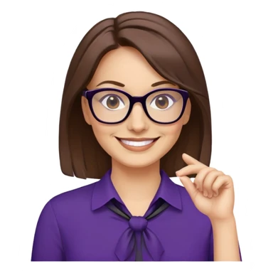 nữ 40 tuổi, da trắng, tóc được buộc gọn gàng màu nâu, mặt cười tươi vui vẻ, đeo kính màu đen, áo tím đậm sticker