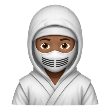 All white ninja robe with no black with white ski mask to cover face and neck with a hoodie on and dark brown skin color sticker
