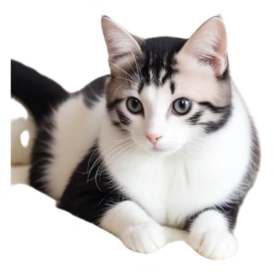 Розовая пушистая кошка в солнцезащитных очках, нога на ногу лежит на шезлонги под розовым солнцезащитным зонтом и пьёт розовый коктейль из мартиницы через трубочку для коктейля. Всё это на фоне пляжа с белым песком, пальмами, розовыми цветами и лазерного моря.  sticker