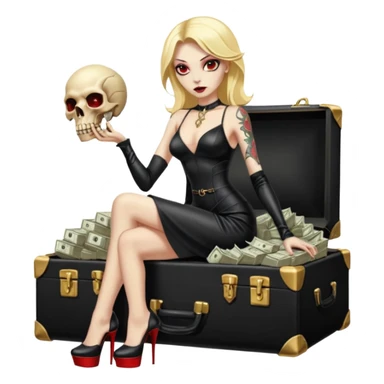 Lilith symbol red eye seductress evil shoulder length blonde haired sexy succubus woman with leather long dress with slit, sitting on a case of gold and cash. Black Platform high heels on feet. Tattoo sleeve arms, seat full of stacks of cash,  dead human skull of her enemies in her other hand sticker