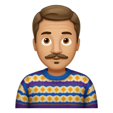 middle-aged man with medium-length wavy hair, mustache and goatee, wearing a patterned sweater, neutral expression sticker