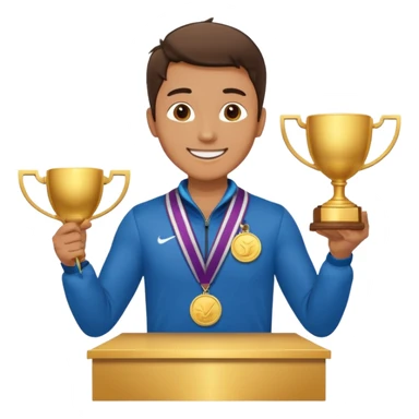 winner ceremony with one guy standing in a winner's podium and having a medal around his neck and holding a trophy sticker