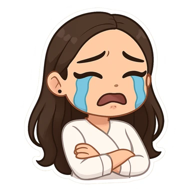 Create a chibi sticker of the girl from the reference image crying with tears. Use 3D bitmoji style with a white outline and transparent background. sticker
