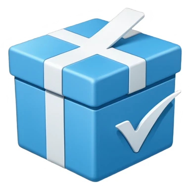 Blue box with a white check mark in the middle of the blue box that is a little bit tilted to the right and its 1 dimensional  sticker