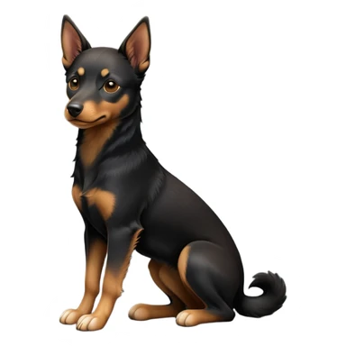 cinematic-[australian kelpie]-realistic-full-body-sitting-emoji,-tail-resting-loosely-beside-its-paws,-head-tilted-dramatically, -sleek-[Black and tan]-fur,-simplified-yet-realistic-focused-features,-highly-detailed,-glowing-with-an-almost-sarcastic-glow sticker
