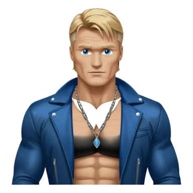 Dolph Lundgern with shirtless with necklace, blue eyes, dark blonde hair, metallic black jacket sticker