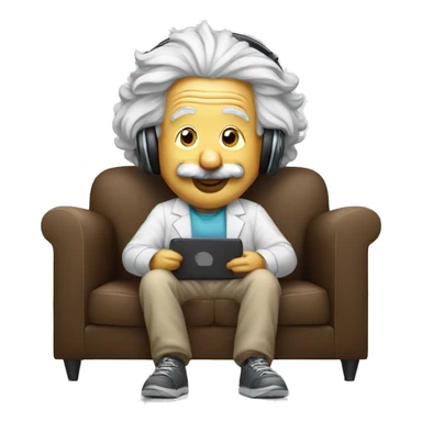 albert einstein happy listening music with wireless headphones while sitting on the couch sticker