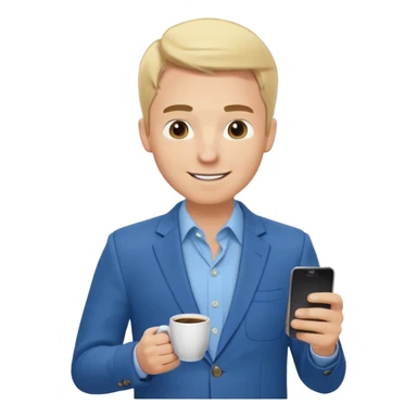 Confident and outgoing male entrepreneur, Caucasian features, blonde hair, big friendly smile, expressive eyes, defined eyebrows, wearing a blue blazer over a light blue shirt, holding a smartphone in one hand and a coffee cup in the other, waist-up, front-facing sticker