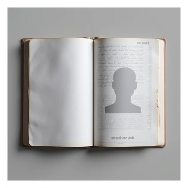 realistic Indian passport, open to the photo page, showing a blank template sticker