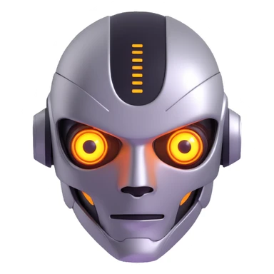AI-themed emoji, futuristic robot face, glowing eyes, metallic finish sticker