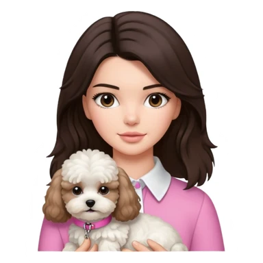 brunette Kendall Jenner with long hair holding on the hands white maltipoo wear on pink collar sticker