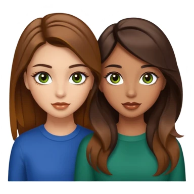 Brunette girl with caramel balayage skin tone tan hazel eyes but more brown, but also green fall lips, long eyelashes and her best friend also brunette with caramel balayage green eyes, but little bit blue also long eyelashes and ￼￼￼￼ not too much tan￼ sticker