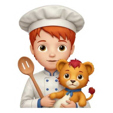 boy kid italian chef, red haired, uniform, holding plush lion sticker