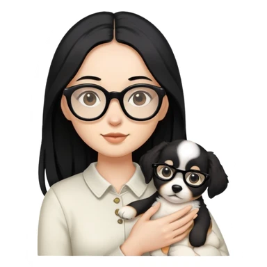 long black hair women around 20-30 with black glasses holding a white body light brown ear puppy sticker